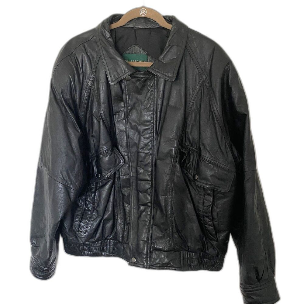 Hill & Archer Black Leather Bomber Jacket | Zip Snap Front Lined Classic Fit 46